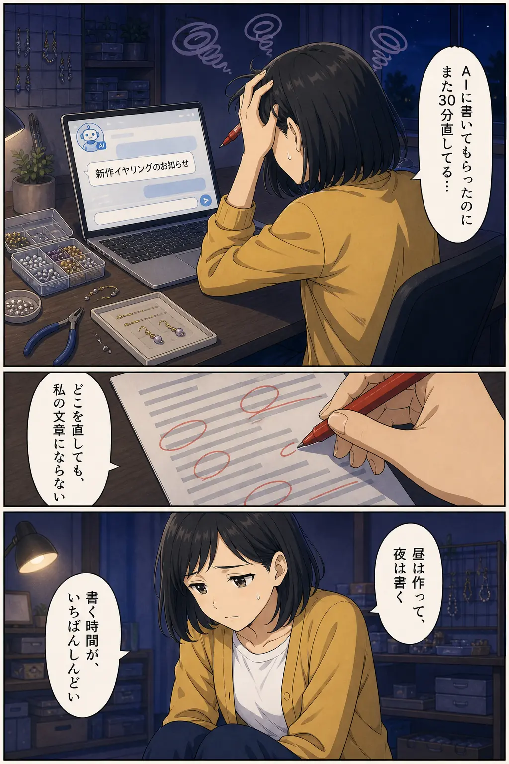 漫画: 夜の作業机。アクセサリー作家の主人公がAIの下書きを赤ペンで30分直し続ける。「どこを直しても、私の文章にならない」