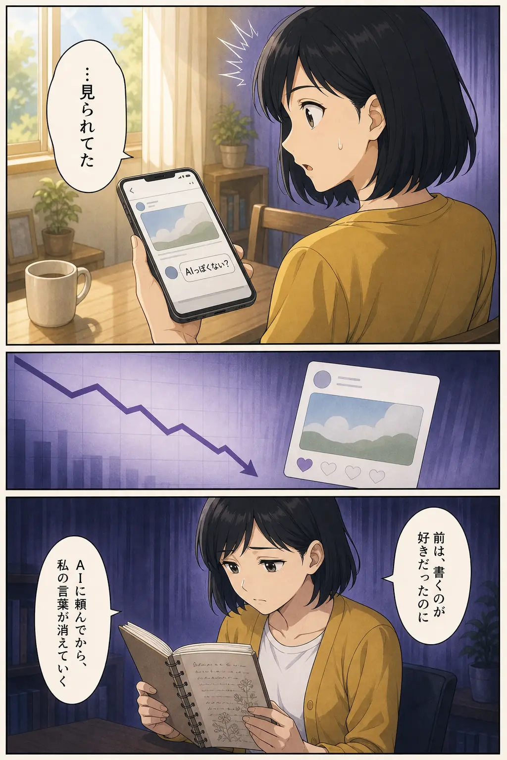 漫画: 投稿に「AIっぽくない？」の一言。反応は減り、昔の手書きノートを開く。「AIに頼んでから、私の言葉が消えていく」