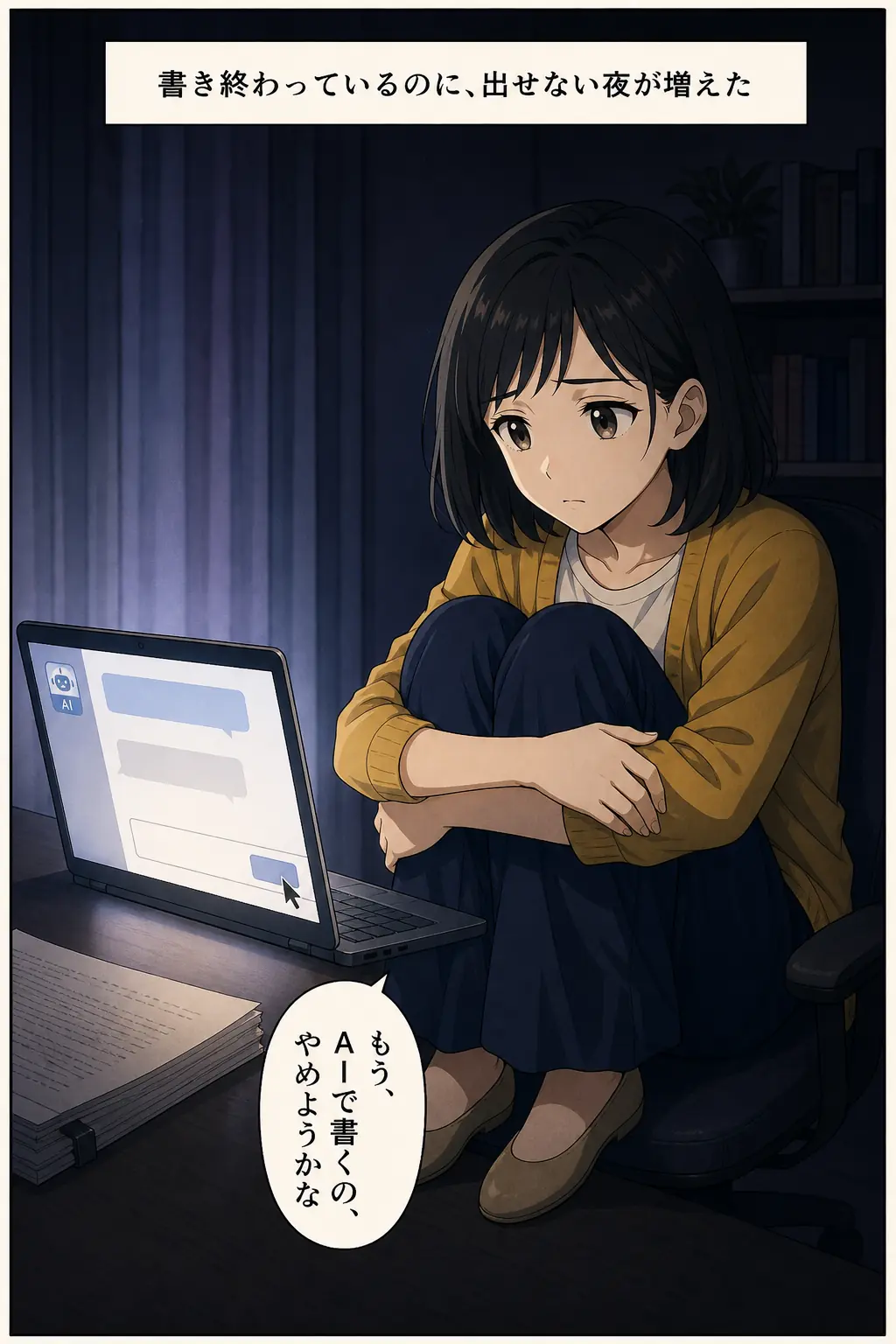 漫画: 暗い部屋で膝を抱える主人公。書き終わっているのに出せない夜。「もう、AIで書くの、やめようかな」