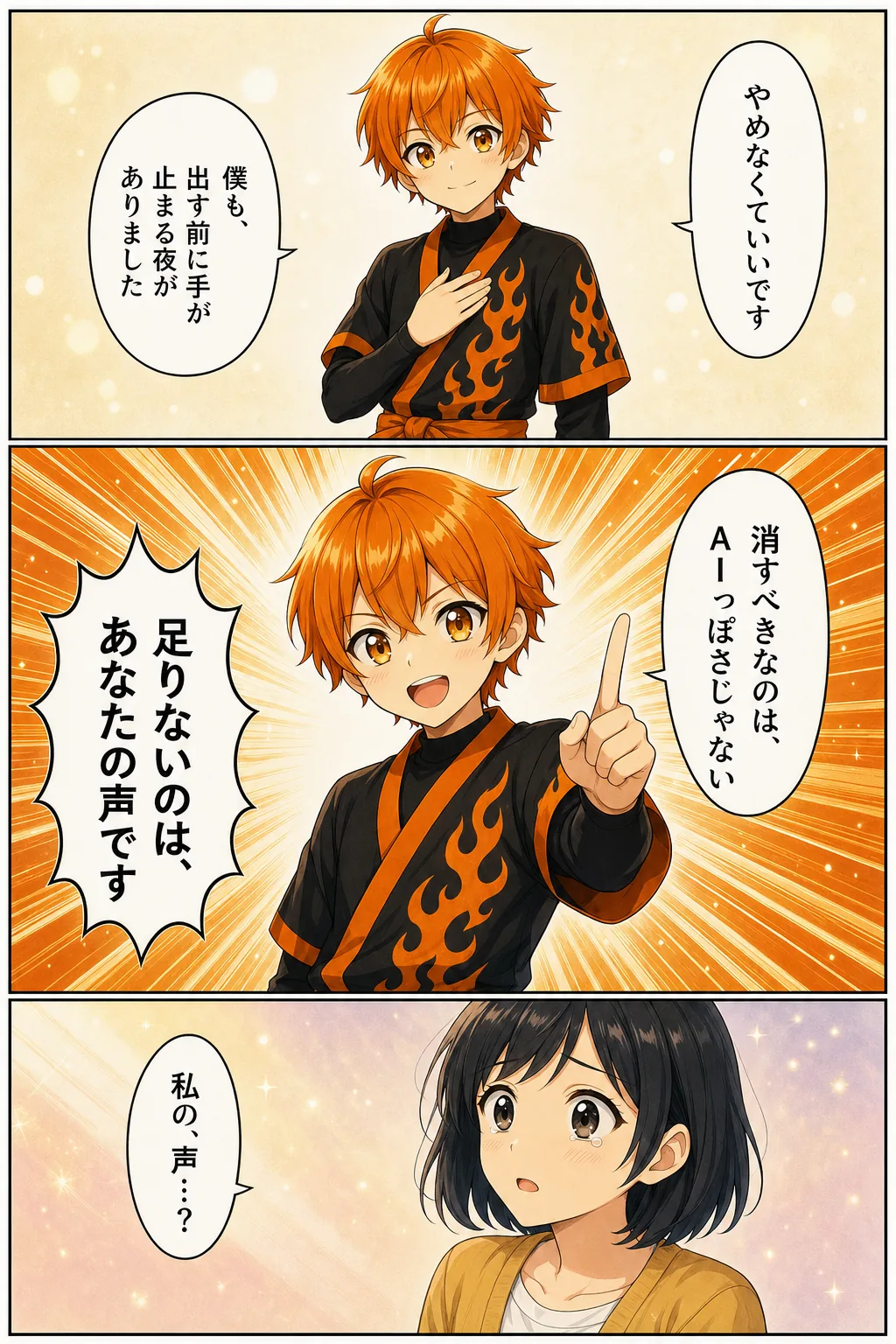 漫画: リツトが「やめなくていいです。僕も、出す前に手が止まる夜がありました」。消すべきなのはAIっぽさじゃない。「足りないのは、あなたの声です」
