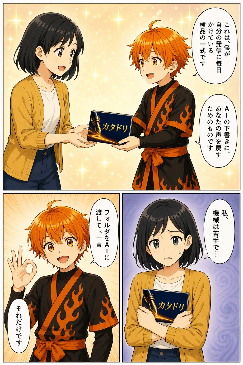 漫画: リツトがカタドリのパッケージを差し出す。「僕が自分の発信に毎日かけている検品の一式です」。フォルダをAIに渡して一言、それだけ