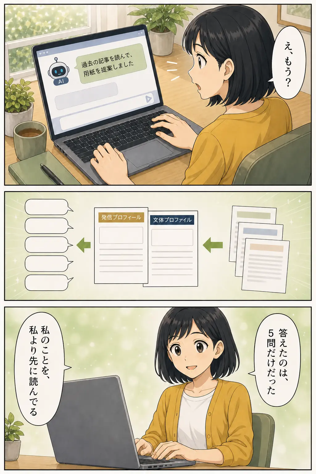 漫画: AIが過去の記事を読んで用紙を起案。答えたのは5問だけ。「私のことを、私より先に読んでる」