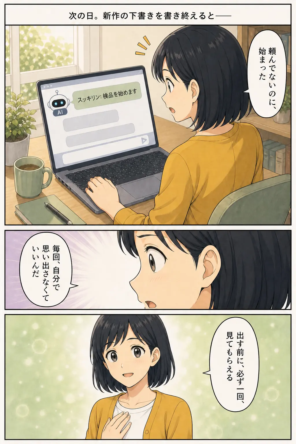 漫画: 次の日、下書きを書き終えると頼んでいないのに検品が始まる。「出す前に、必ず一回、見てもらえる」