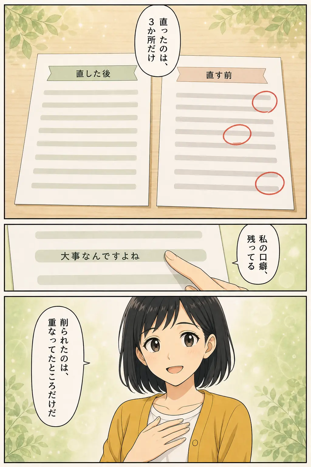 漫画: 直ったのは3か所だけ。口癖の「大事なんですよね」が残っている。「削られたのは、重なってたところだけだ」