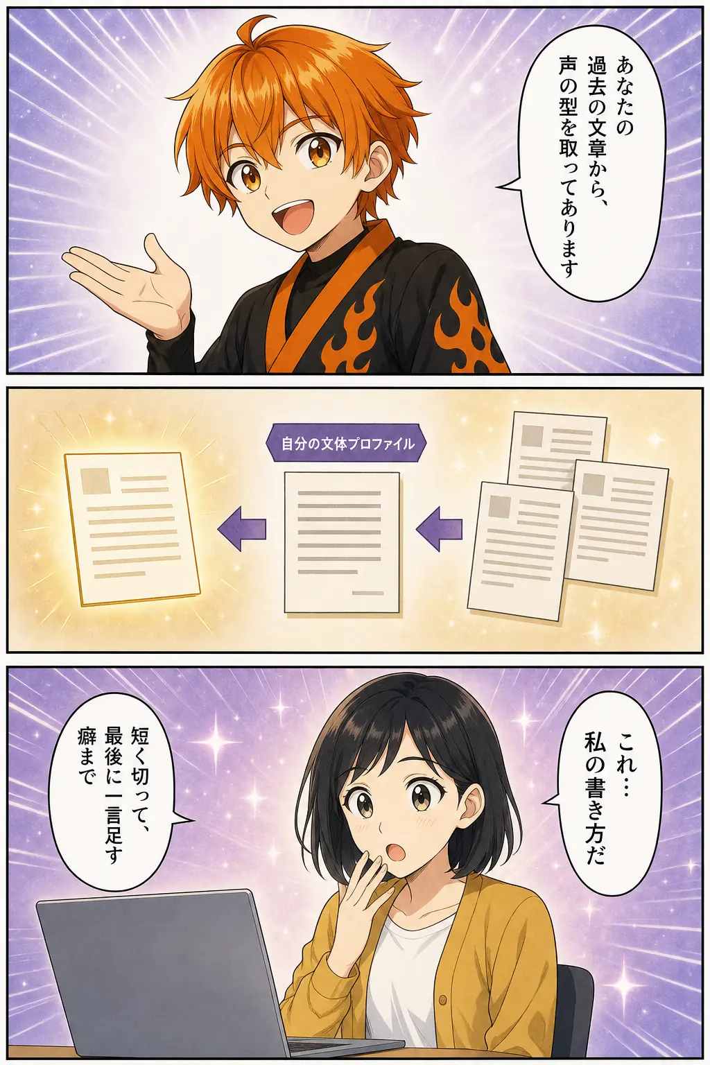 漫画: 過去の文章から声の型を取る図解。「これ…私の書き方だ。短く切って、最後に一言足す癖まで」
