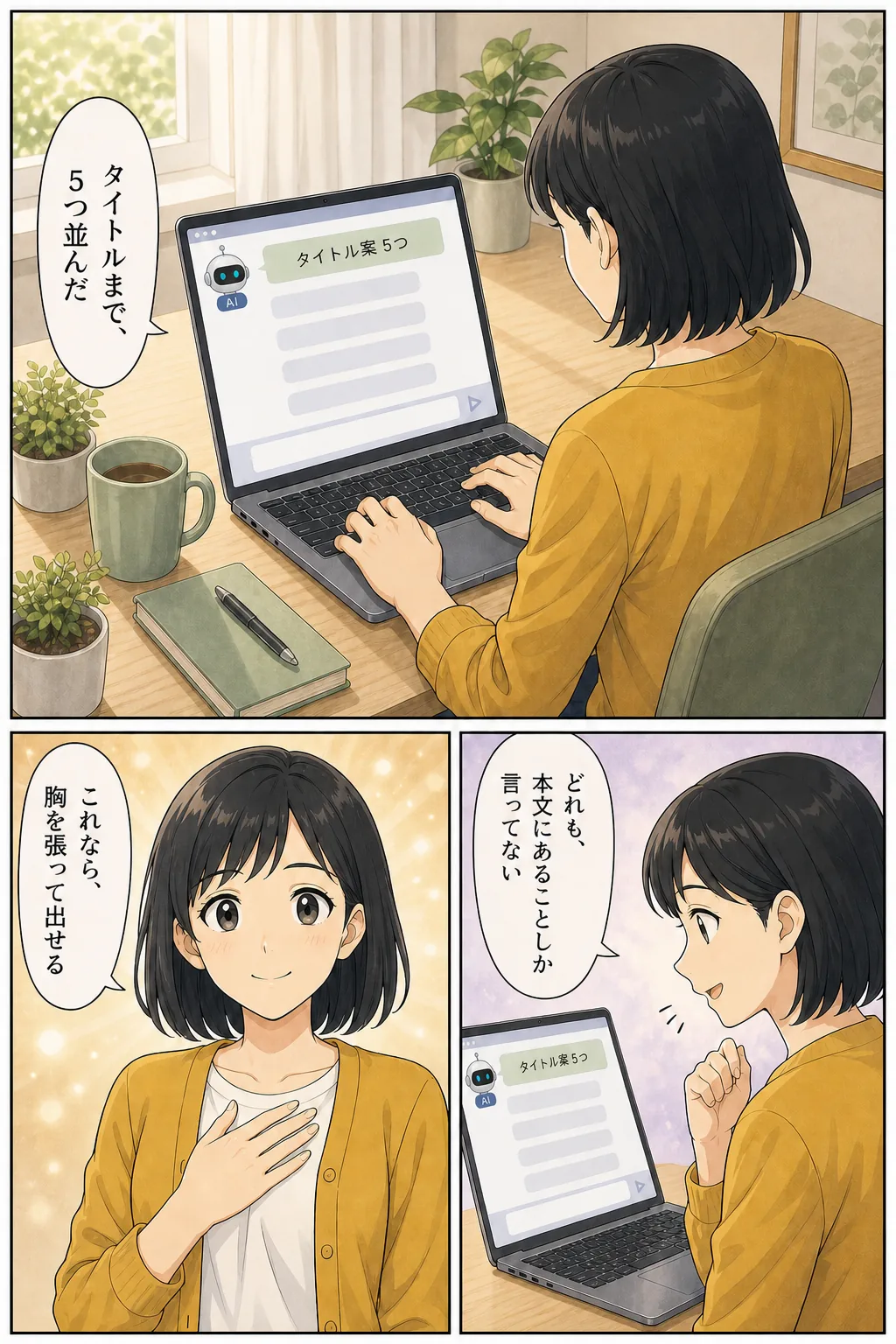 漫画: タイトル案が5つ並ぶ画面。「どれも、本文にあることしか言ってない」。胸に手を当てて「これなら、胸を張って出せる」