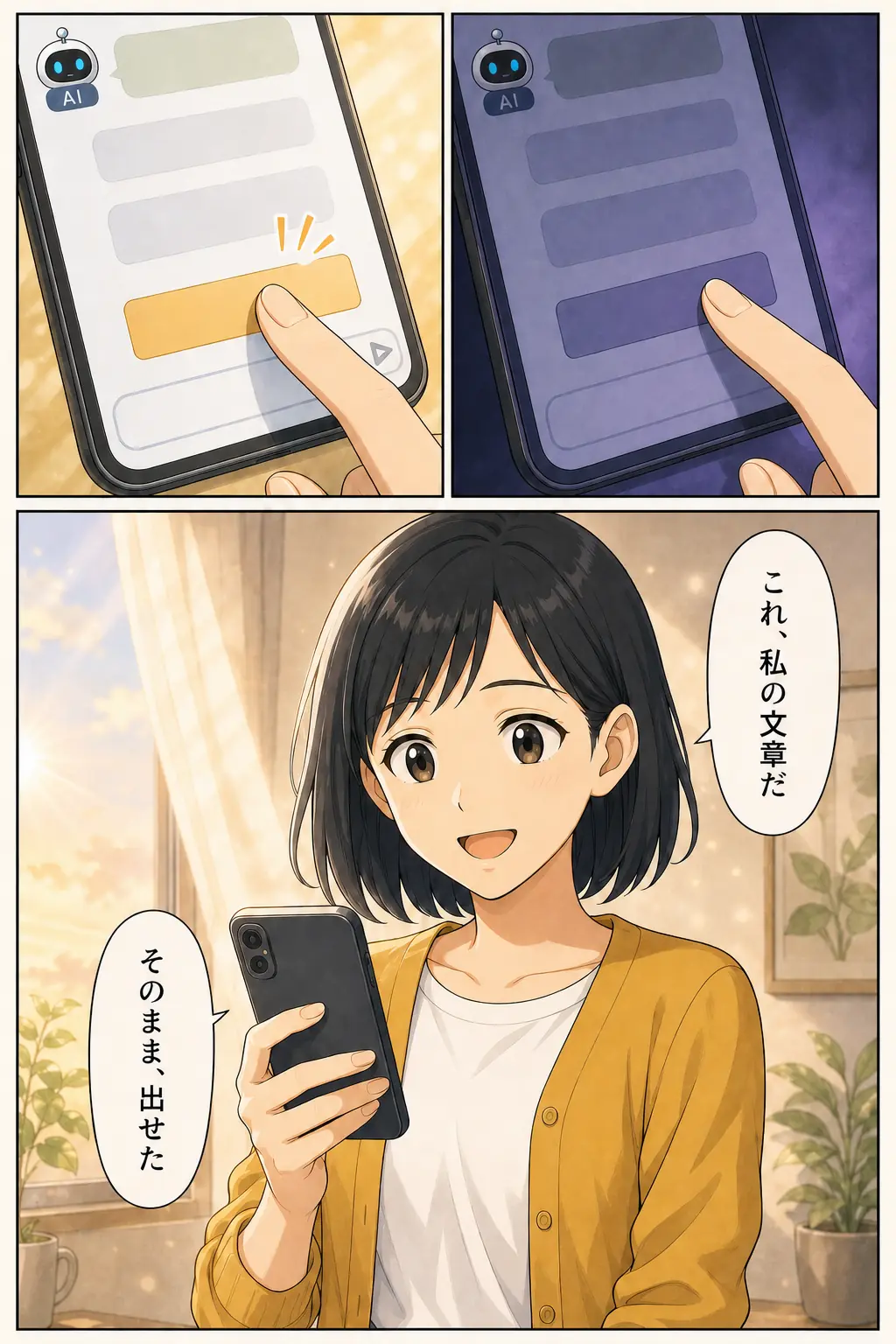 漫画: 押せなかった投稿ボタンを、押す。霧が晴れたような笑顔で「これ、私の文章だ。そのまま、出せた」