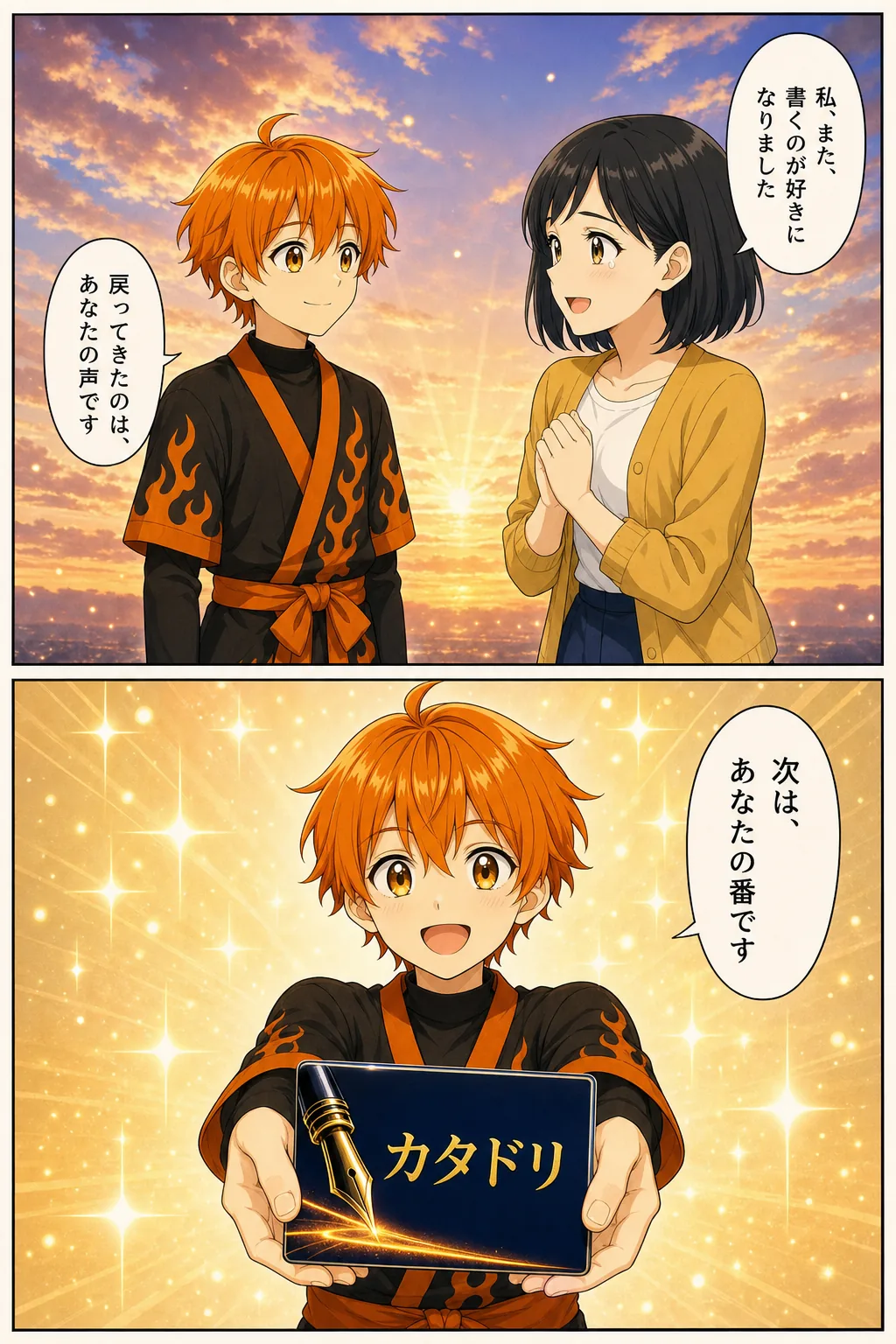 漫画: 朝焼けの中、主人公「私、また、書くのが好きになりました」。リツト「戻ってきたのは、あなたの声です」。カタドリを両手で読者へ差し出し「次は、あなたの番です」