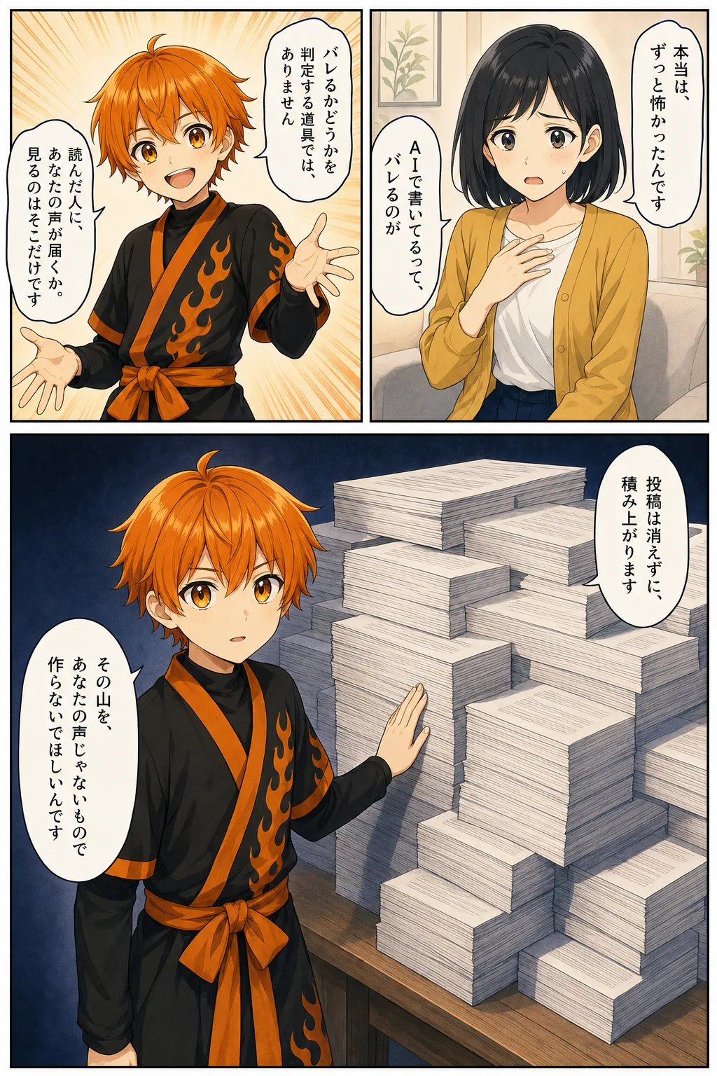 漫画: 「本当は、ずっと怖かったんです。AIで書いてるって、バレるのが」「バレるかどうかを判定する道具では、ありません」。積み上がる投稿の山。「その山を、あなたの声じゃないもので作らないでほしいんです」
