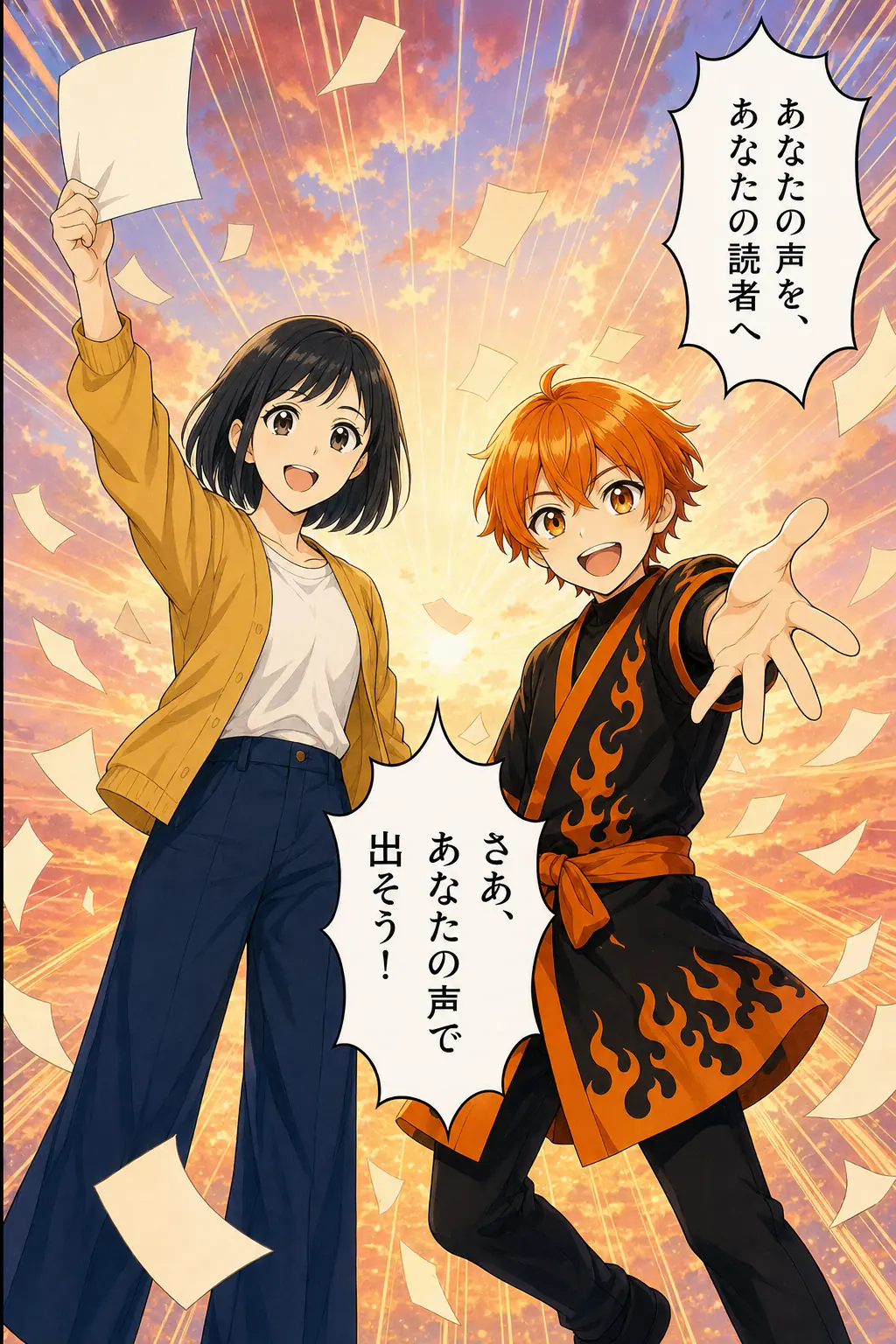 漫画: 朝焼けの中、二人の決めポーズ。「あなたの声を、あなたの読者へ」「さあ、あなたの声で出そう！」
